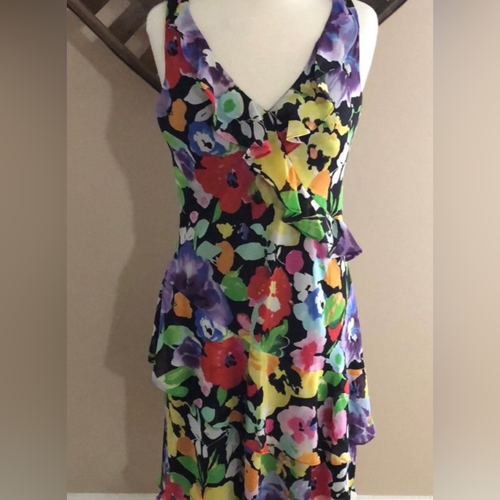 Ralph Lauren Dress Black Floral Sleeveless V Neck Tiered Ruffle 12 NEW